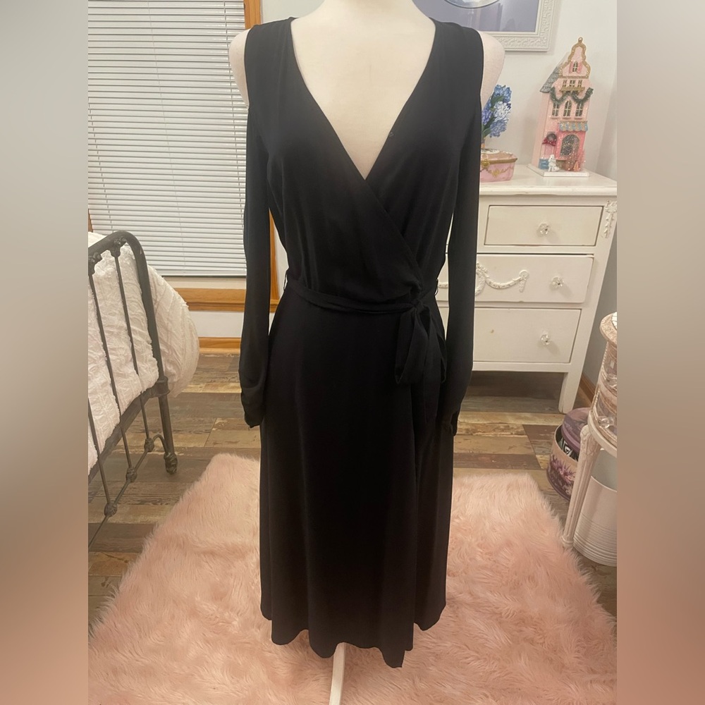 Neiman Marcus Cold Shoulder Faux-Wrap Dress with draped sleeves. Sexy & elegant!
